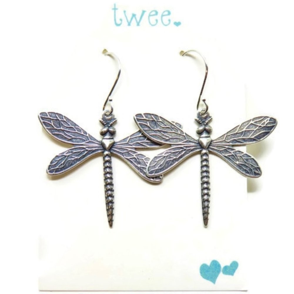 Silver Dragonfly Earrings - Antiqued Silver - Handmade